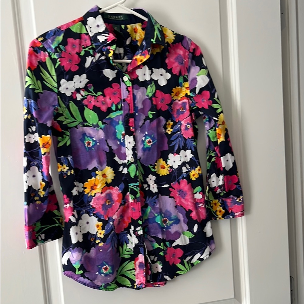 Lauren Ralph Lauren Navy Floral Button-Up Blouse with Pink, Purple & Green XS